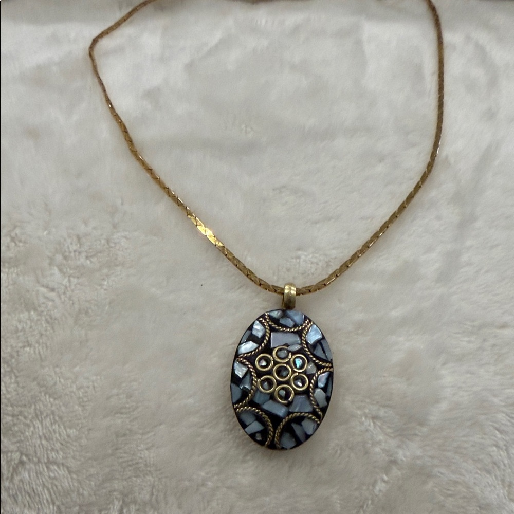 Intricate Gold Tone and Blue Mosaic Necklace - Picture 2 of 13